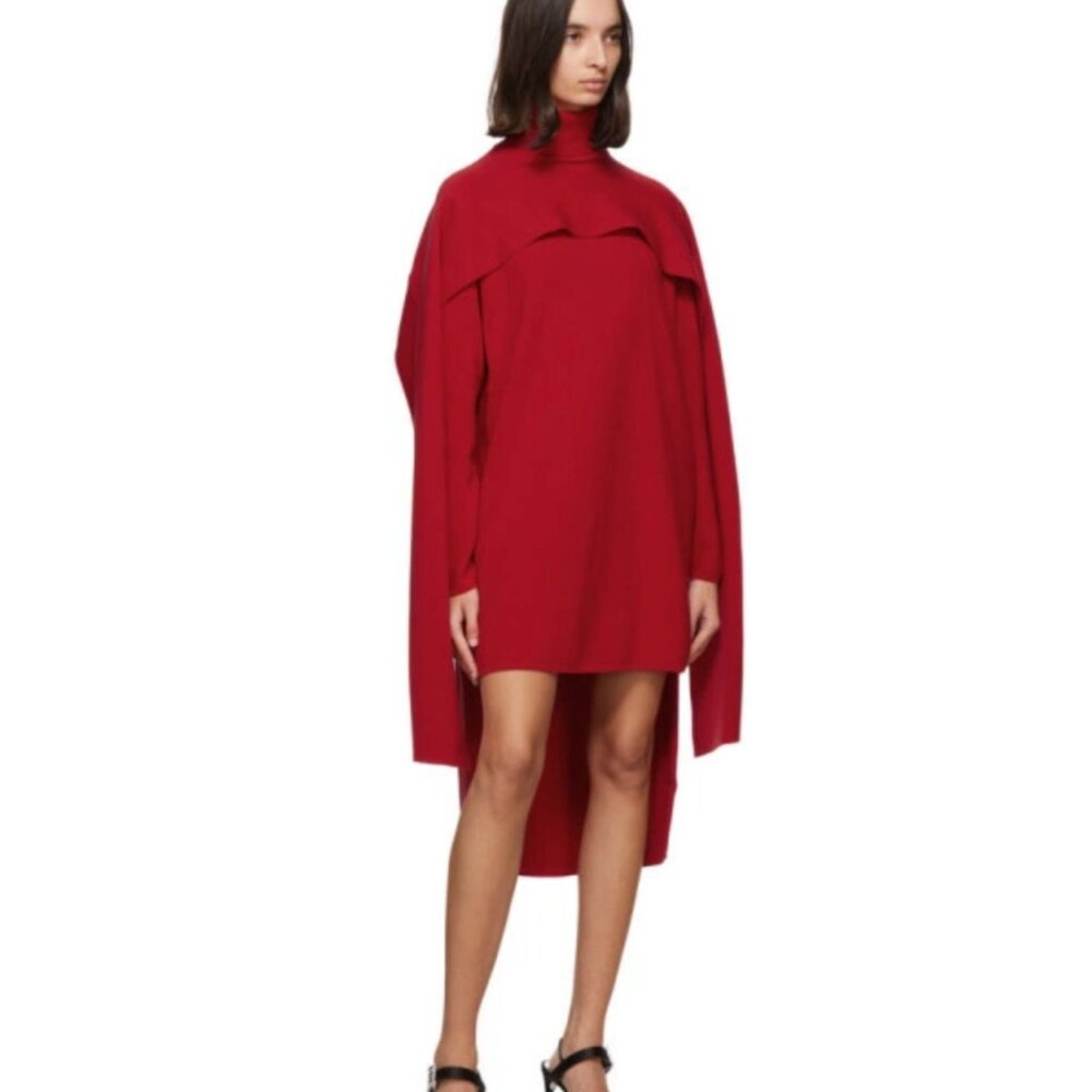 Givenchy- Red Knit Wool Blend Long Sleeve Dress- Asymmetric Hem- *No Cape- XS